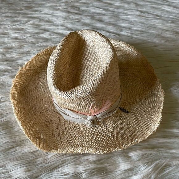 House of Lafayette Tan Straw cowgirl Hat with feathers. - Picture 4 of 11